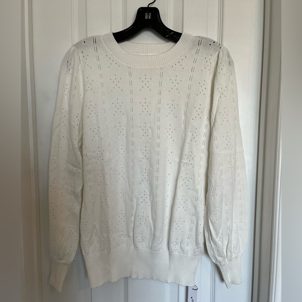 J. Corrine Crewneck Sweater Long Puff Sleeve Cutout Top - XS - Creamy White